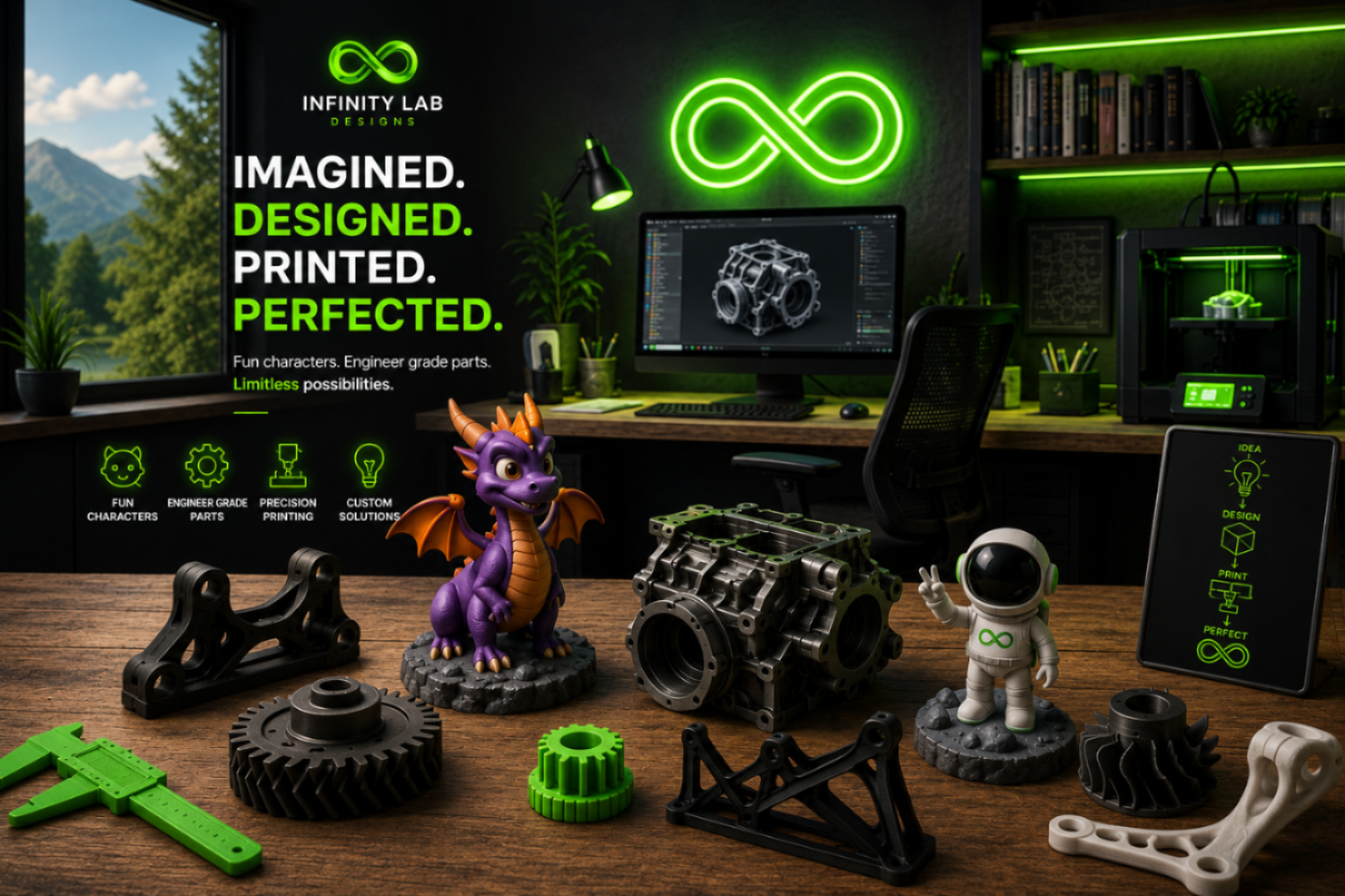 Infinity Lab Work Space Photo with Engineering designs, Fun Characters and 3D printer set up. 